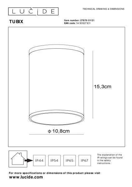 Lucide TUBIX - Plafondspot Binnen/Buiten - Ø 10,8 cm - 1xE27 - IP54 - Wit - technisch